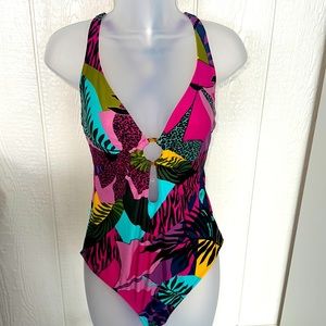 Tropical print one piece bathing suit